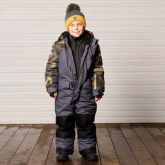 Kids One Piece Snowsuit Dark Grey Texture and Camo Printed