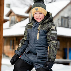 Kids One Piece Snowsuit Dark Grey Texture and Camo Printed