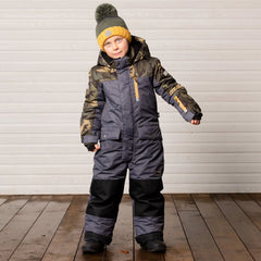 Kids One Piece Snowsuit Dark Grey Texture and Camo Printed
